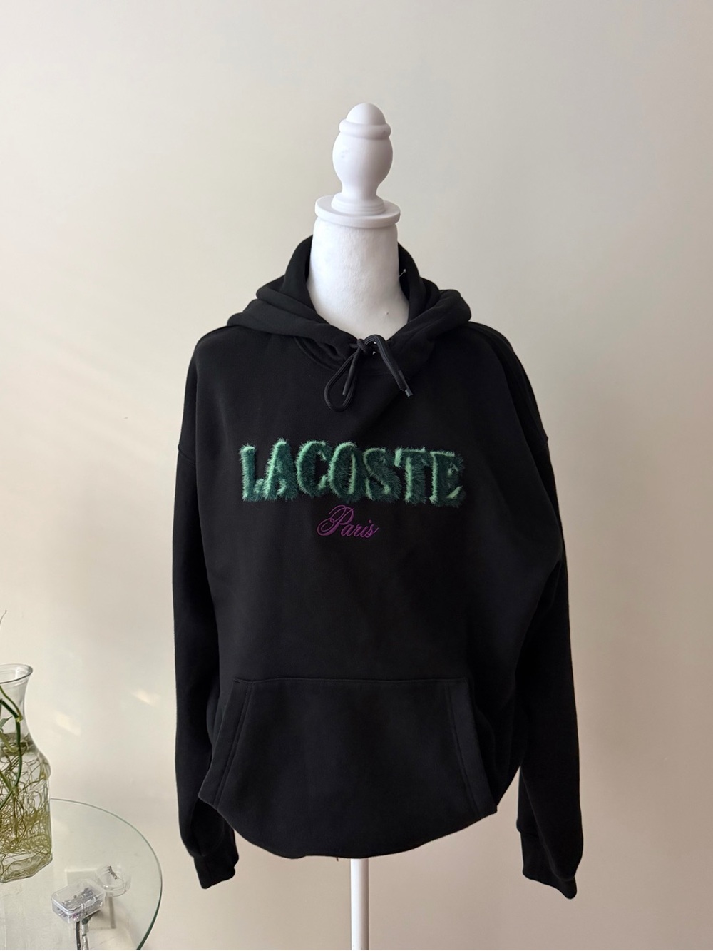 Lacoste Black Hoodie with Green Logo and Purple Script